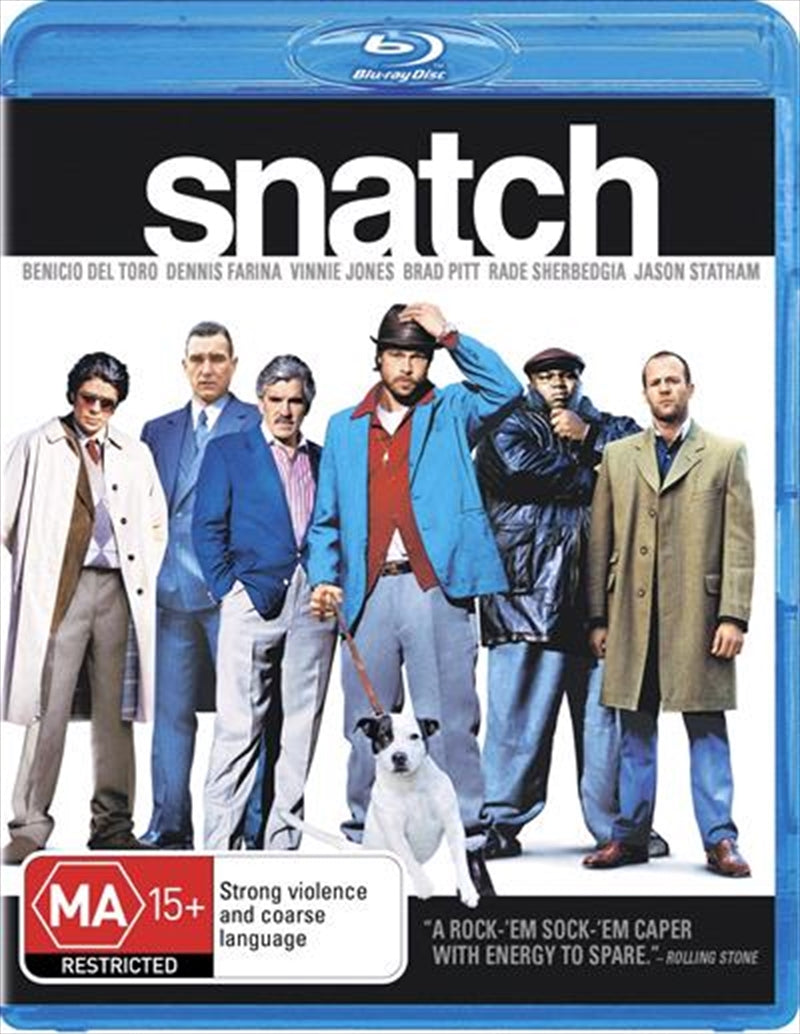 Snatch Blu-ray cover featuring Benicio Del Toro and Brad Pitt in a dynamic design showcasing the film's crime and comedy elements.