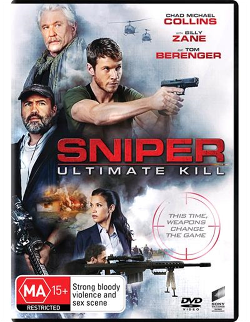 Cover of Sniper - Ultimate Kill DVD featuring Brandon Beckett, Richard Miller, and Sgt. Thomas Beckett in action against a drug cartel.