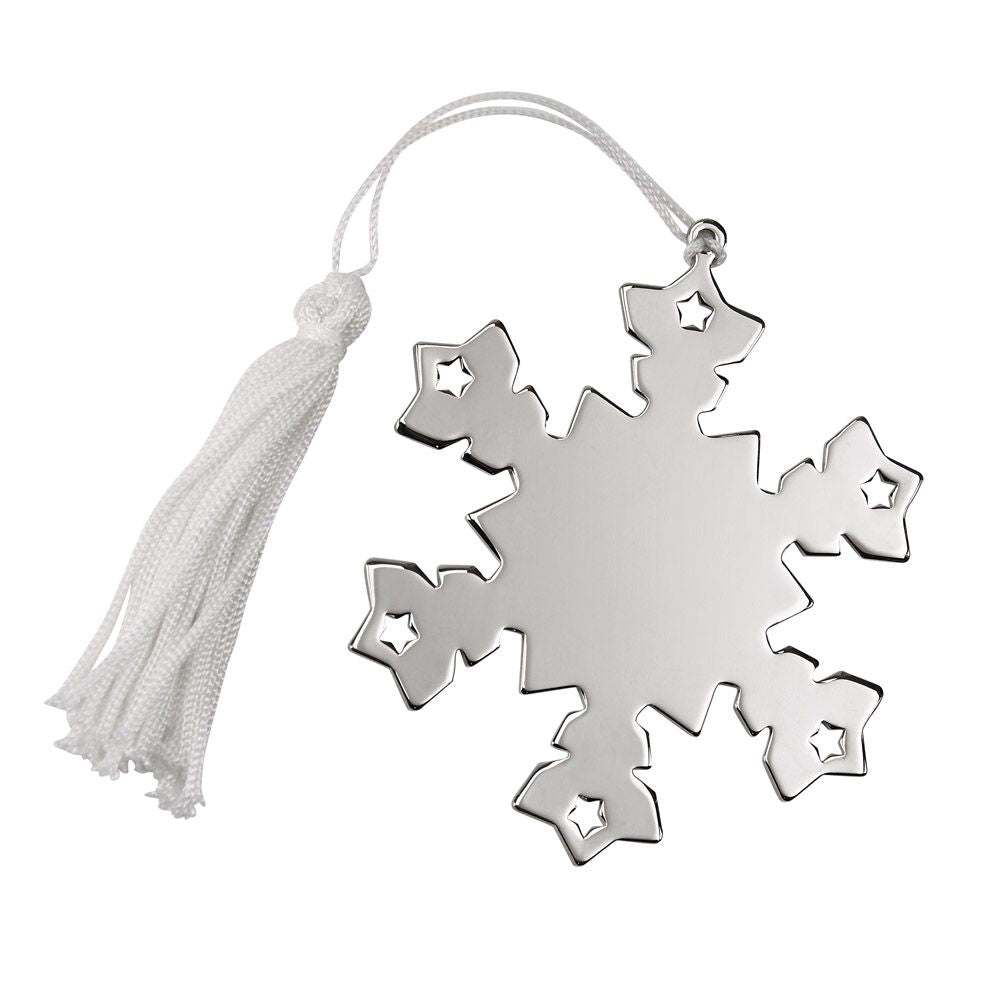 A beautifully crafted snowflake ornament with a white tassel, featuring a bright nickel plated finish.