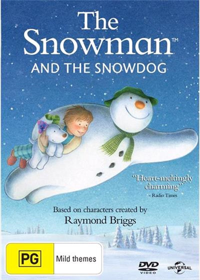 DVD cover of 'Snowman And The Snowdog' featuring a snowman and a snowdog in a winter landscape.