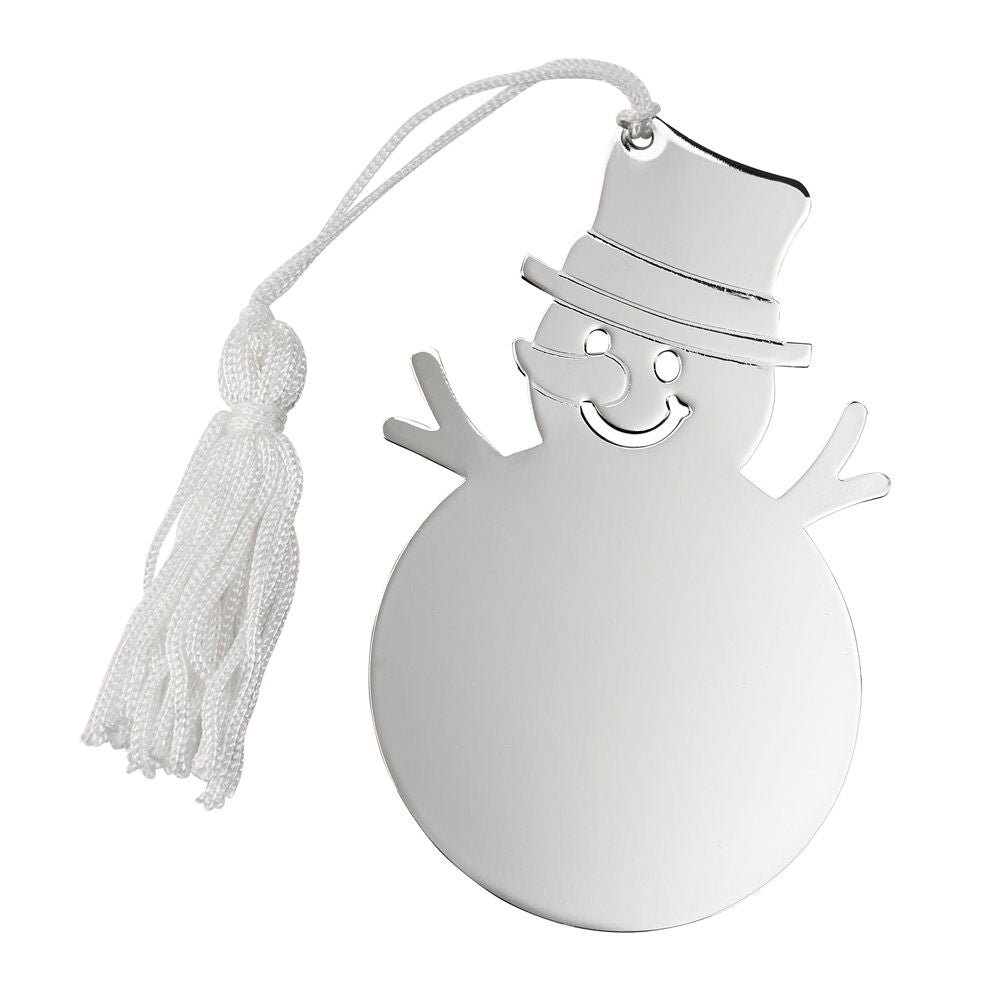 A charming snowman ornament with a white tassel, featuring a shiny nickel-plated finish, perfect for engraving.