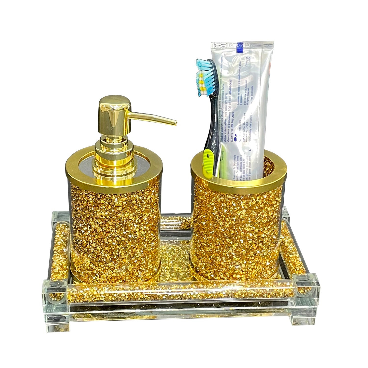 Elegant gold crushed diamond soap dispenser and toothbrush holder set with tray, beautifully packaged in a gift box.