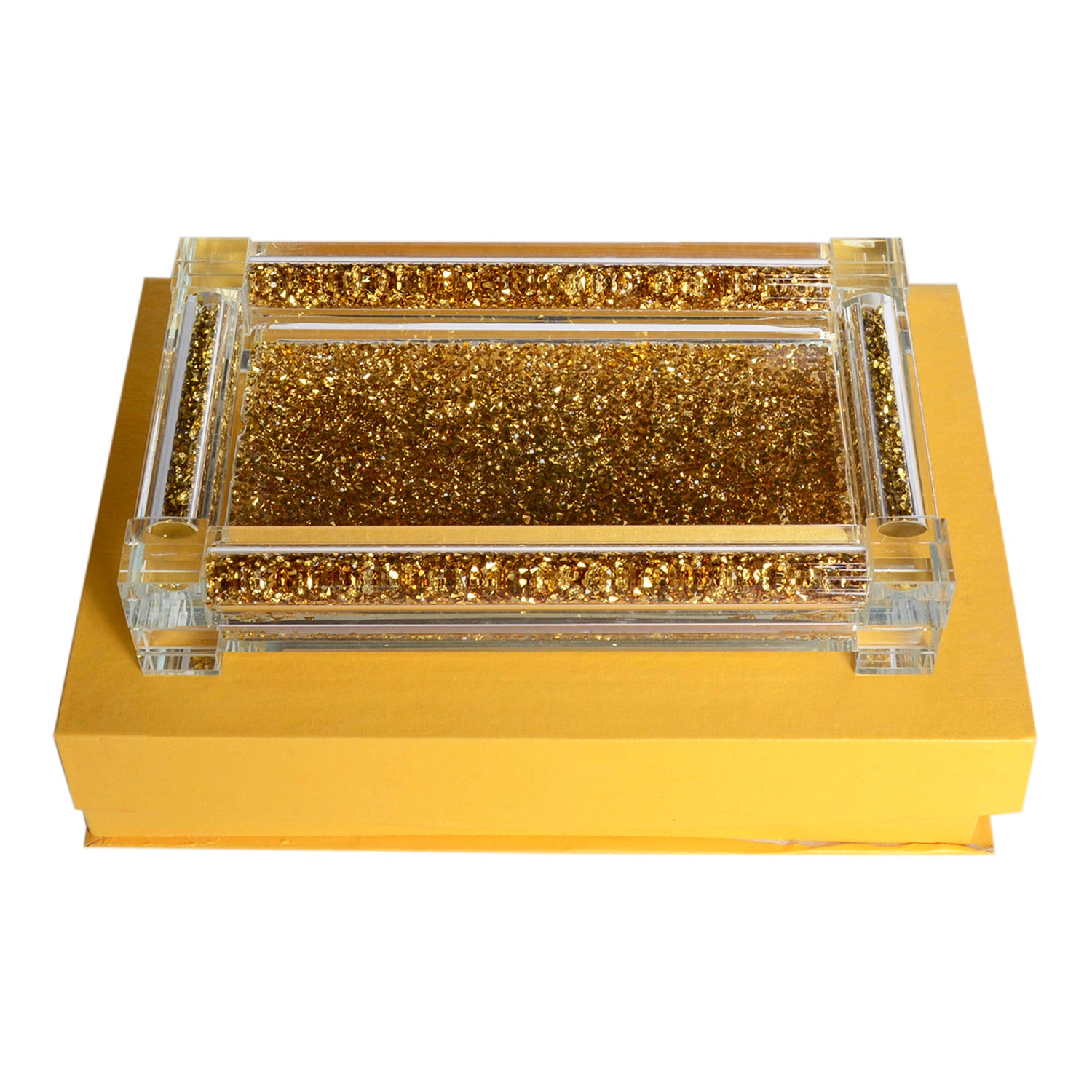 Elegant gold crushed diamond soap dispenser and toothbrush holder set with tray, beautifully packaged in a gift box.