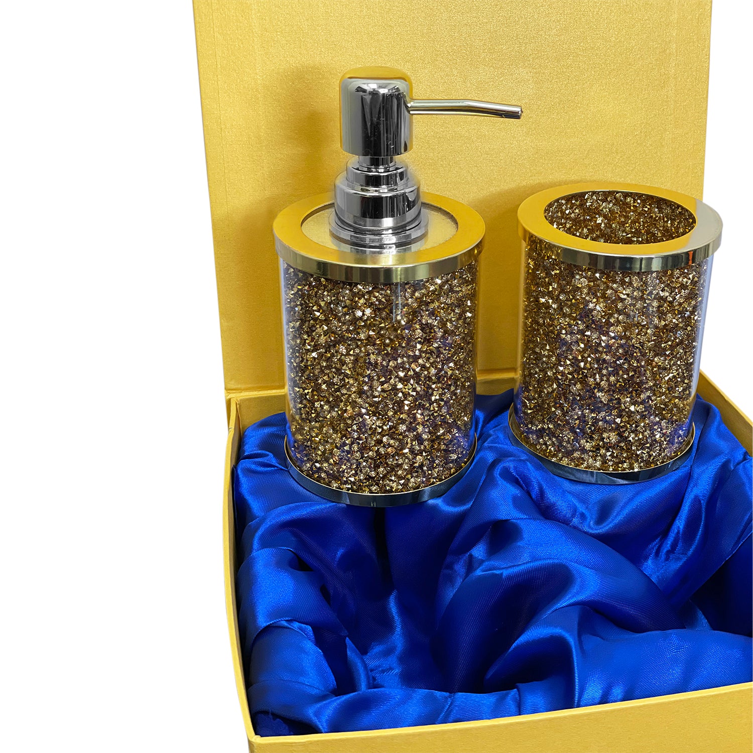 Elegant gold crushed diamond soap dispenser and toothbrush holder set with tray, beautifully packaged in a gift box.