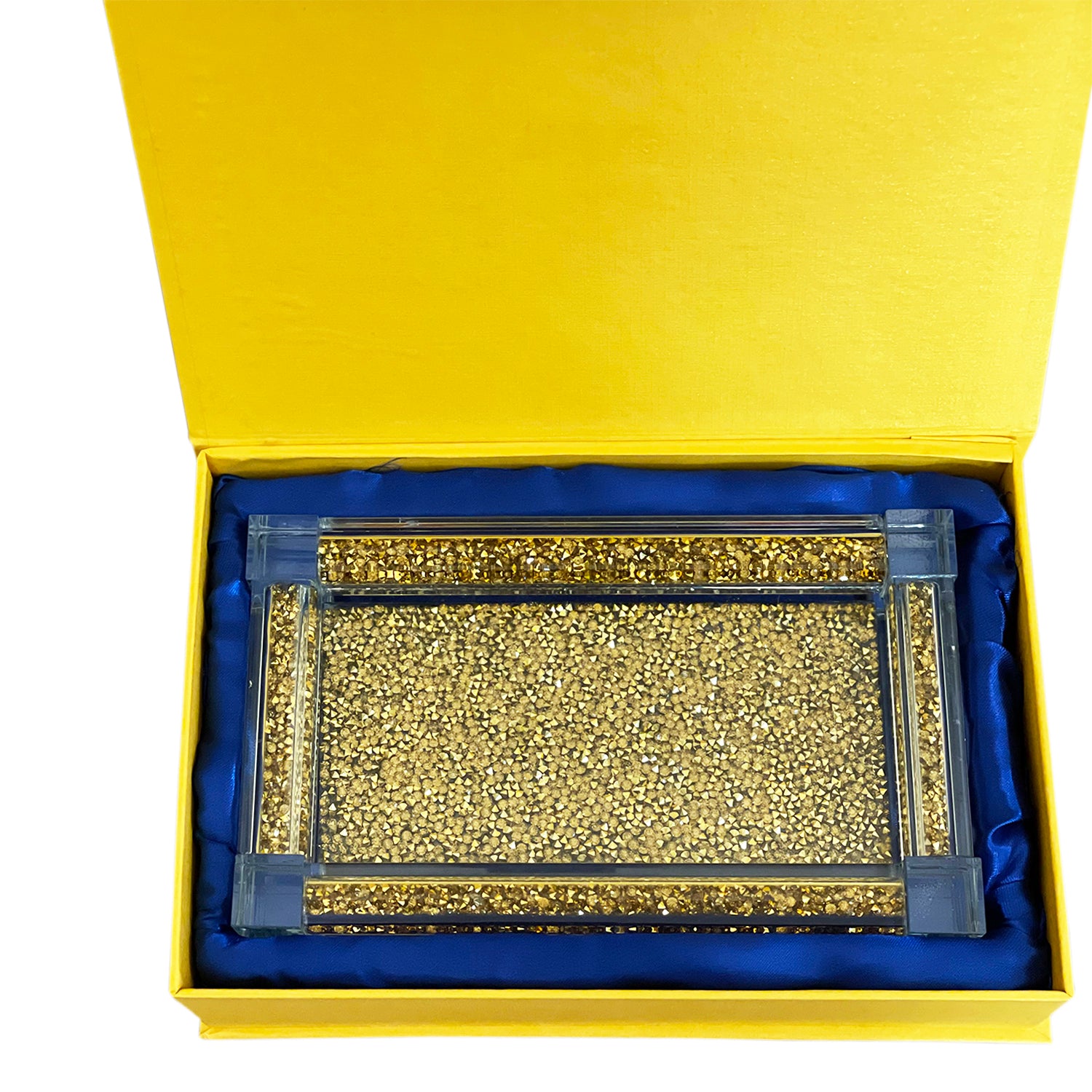 Elegant gold crushed diamond soap dispenser and toothbrush holder set with tray, beautifully packaged in a gift box.