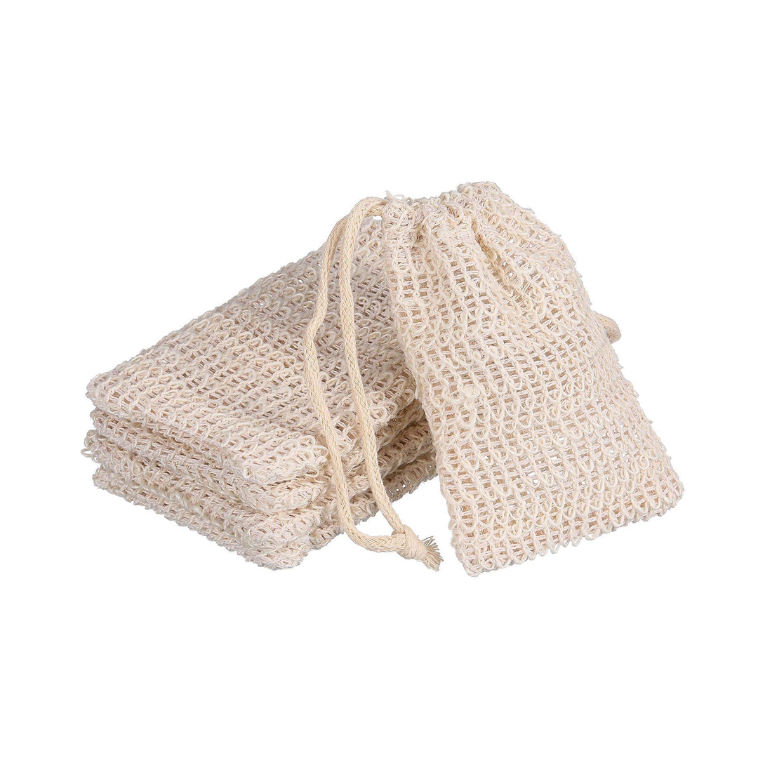 Set of 5 eco-friendly soap exfoliating saver bags made from natural sisal fiber, designed to extend soap life and provide gentle exfoliation.