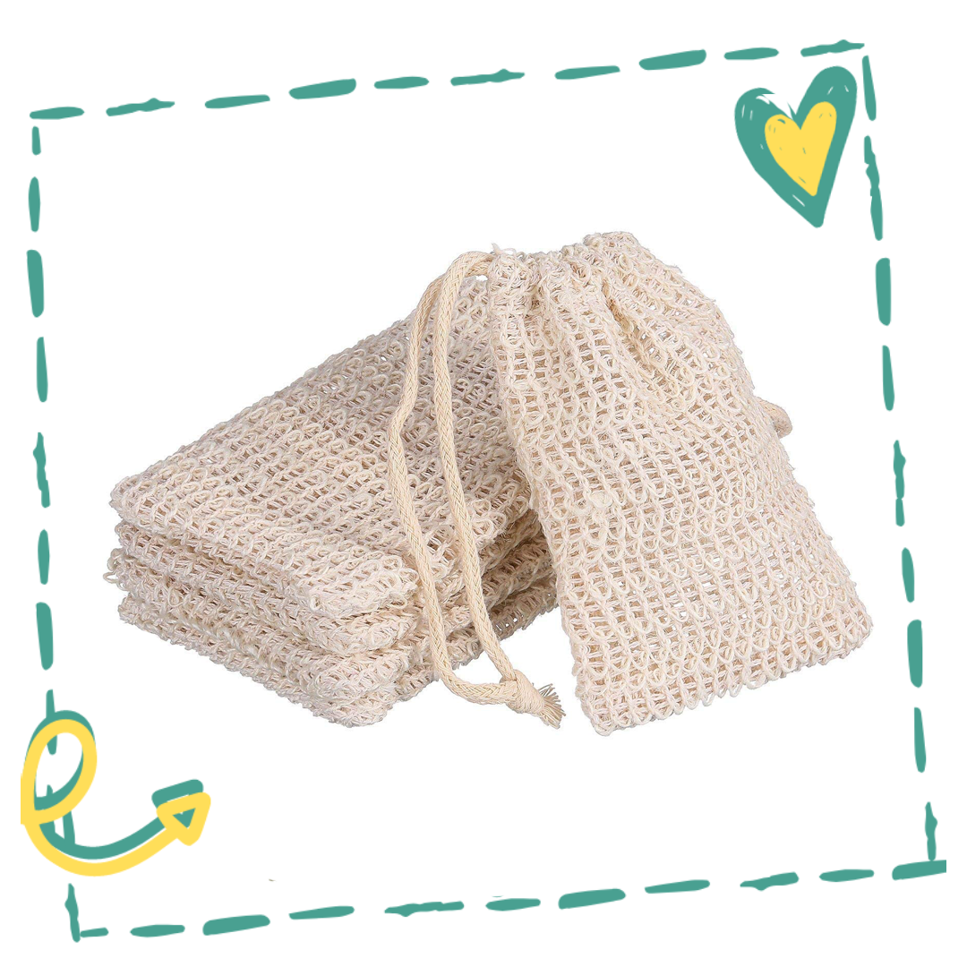 Set of 5 eco-friendly soap exfoliating saver bags made from natural sisal fiber, designed to extend soap life and provide gentle exfoliation.