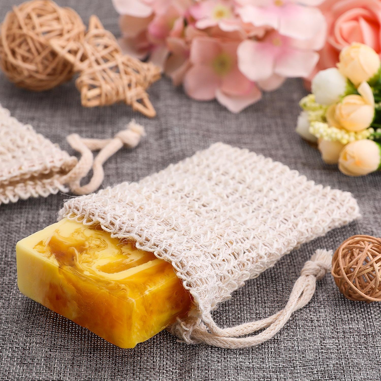 Set of 5 eco-friendly soap exfoliating saver bags made from natural sisal fiber, designed to extend soap life and provide gentle exfoliation.