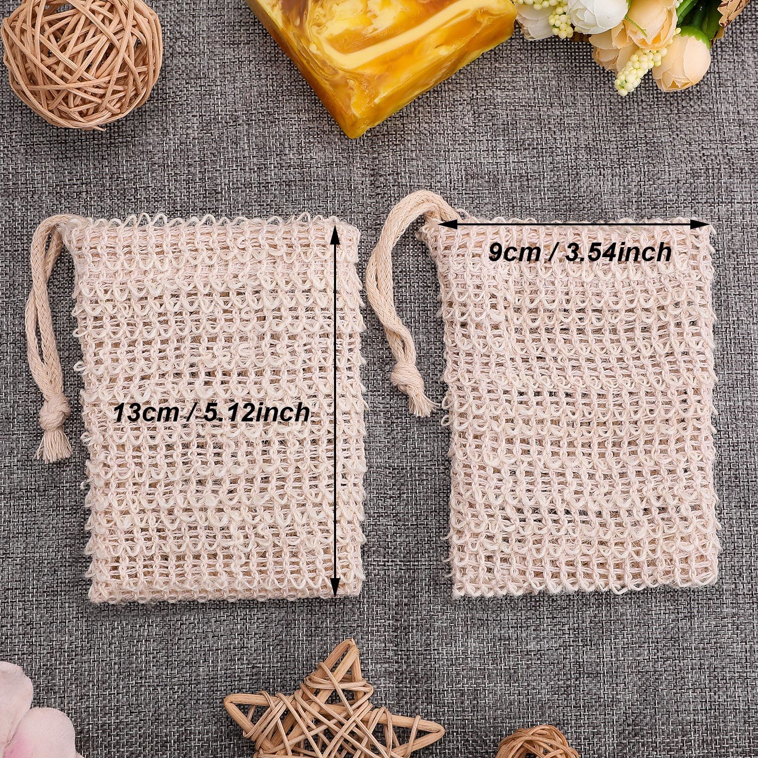 Set of 5 eco-friendly soap exfoliating saver bags made from natural sisal fiber, designed to extend soap life and provide gentle exfoliation.