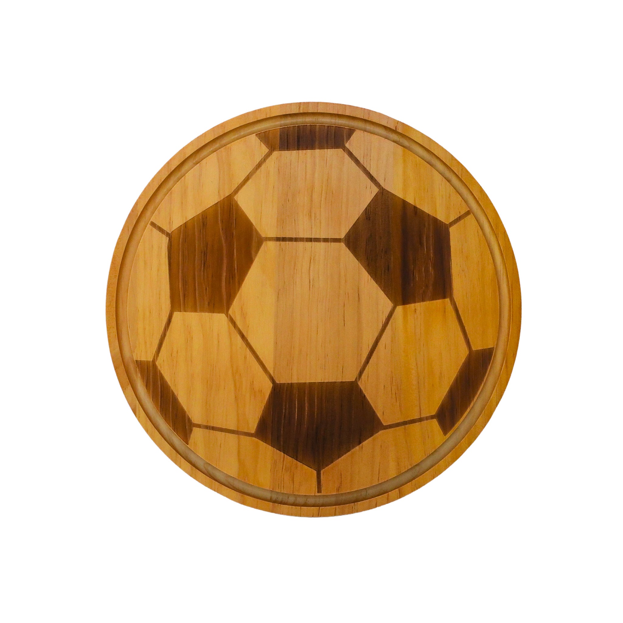 A 13-inch soccer ball-shaped wood charcuterie board made of high-quality bamboo, perfect for sports-themed parties and tailgating.