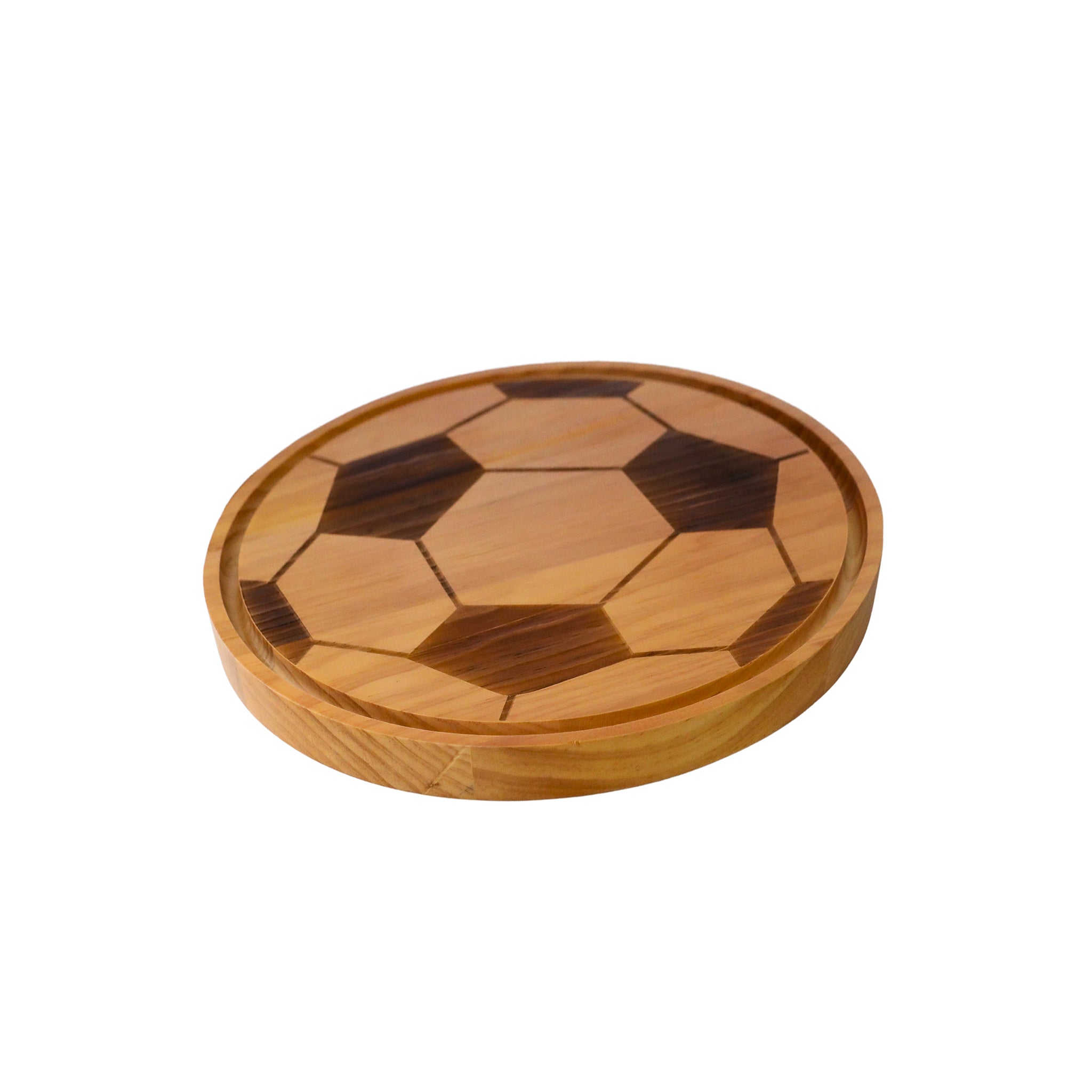 A 13-inch soccer ball-shaped wood charcuterie board made of high-quality bamboo, perfect for sports-themed parties and tailgating.