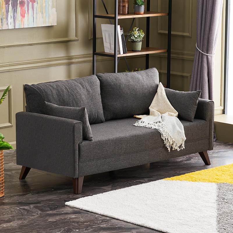 Sofa MOLDAU two-seater in anthracite fabric with walnut wood look legs, dimensions 177x81x85cm.