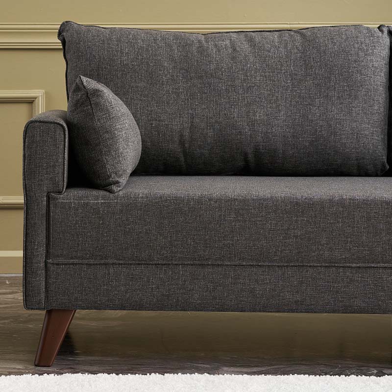 Sofa MOLDAU two-seater in anthracite fabric with walnut wood look legs, dimensions 177x81x85cm.