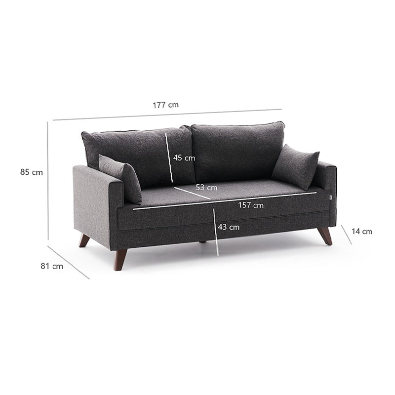 Sofa MOLDAU two-seater in anthracite fabric with walnut wood look legs, dimensions 177x81x85cm.