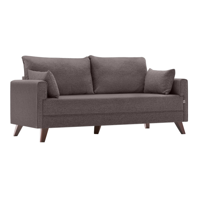 MOLDAU two-seater brown fabric sofa with walnut wood look legs, measuring 177x81x85cm.