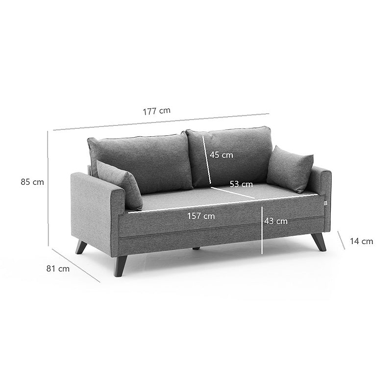 MOLDAU two-seater brown fabric sofa with walnut wood look legs, measuring 177x81x85cm.