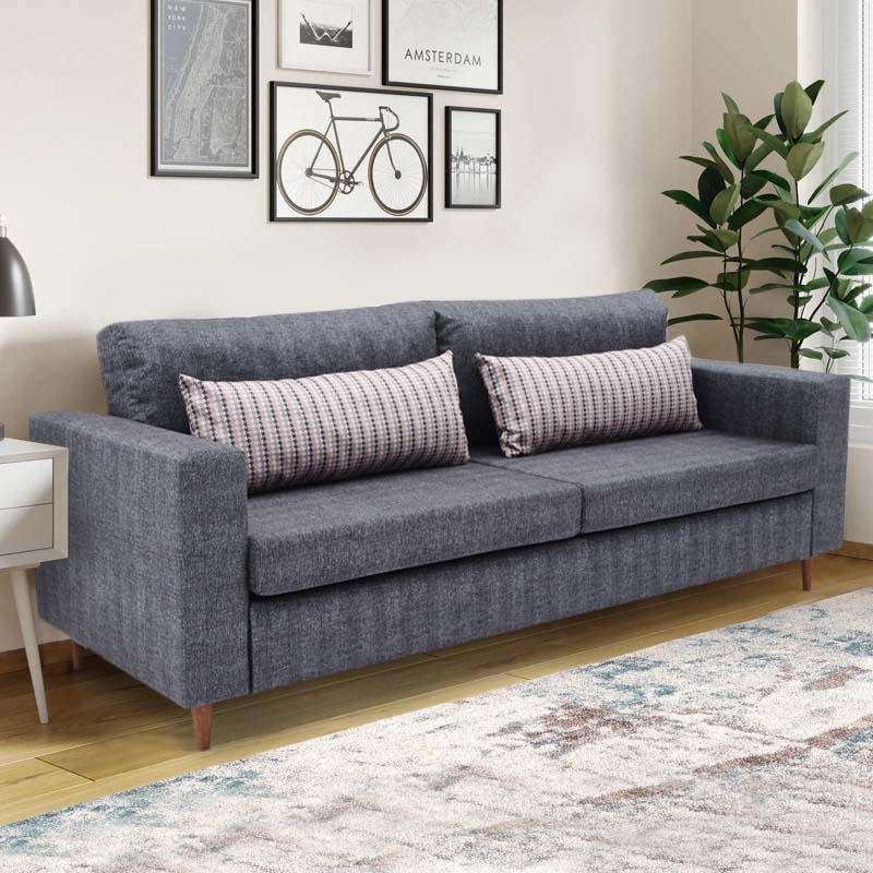 RIO three-seater sofa in anthracite fabric with walnut legs, showcasing its modern design and spacious seating.