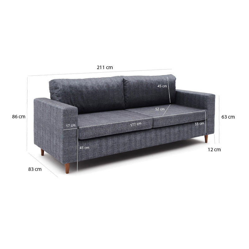 RIO three-seater sofa in anthracite fabric with walnut legs, showcasing its modern design and spacious seating.