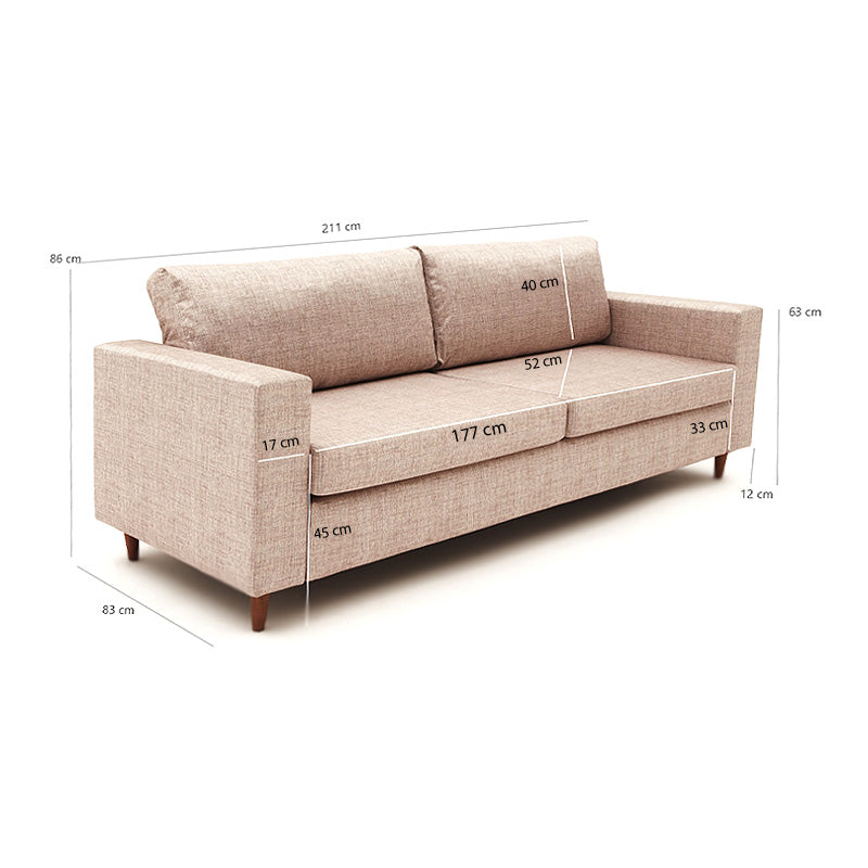 RIO Cream three-seater sofa featuring elegant design, durable fabric, and walnut wooden legs.