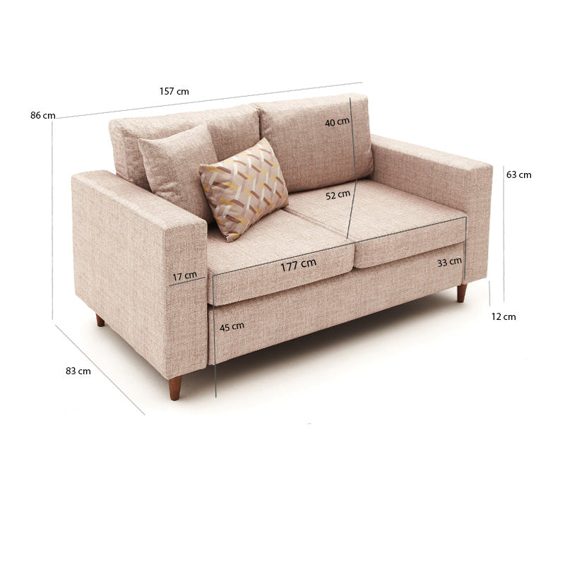 AUGUSTA Cream two-seater sofa featuring elegant fabric upholstery and walnut wooden legs.