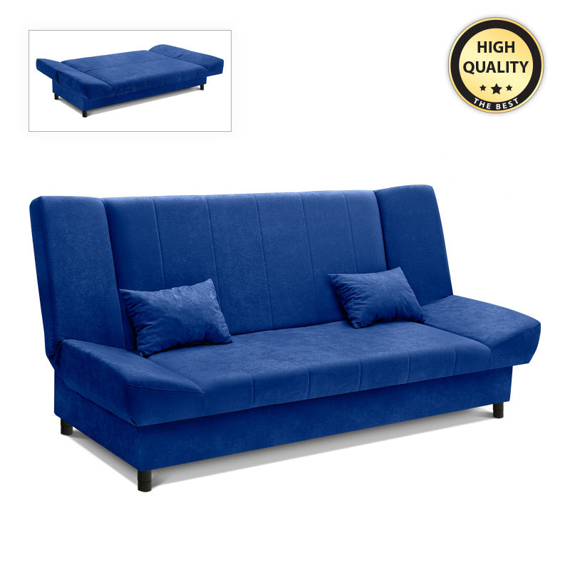 AMORE 3 Seater Sofa Bed in blue, featuring a modern design with storage space and microfiber fabric.