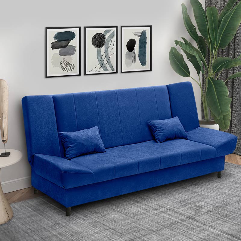 AMORE 3 Seater Sofa Bed in blue, featuring a modern design with storage space and microfiber fabric.