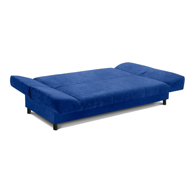 AMORE 3 Seater Sofa Bed in blue, featuring a modern design with storage space and microfiber fabric.