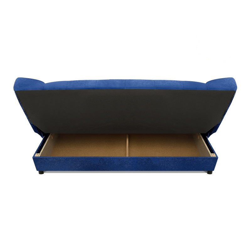 AMORE 3 Seater Sofa Bed in blue, featuring a modern design with storage space and microfiber fabric.