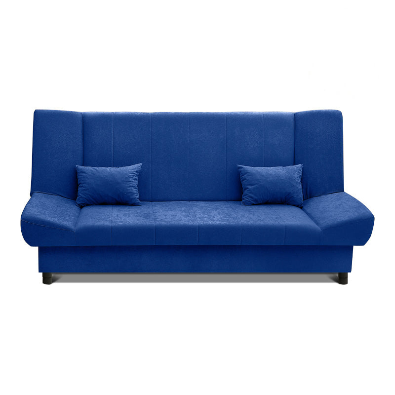 AMORE 3 Seater Sofa Bed in blue, featuring a modern design with storage space and microfiber fabric.