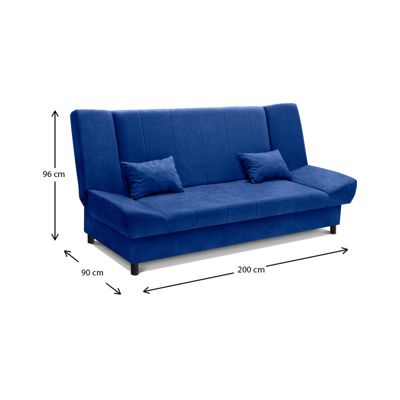 AMORE 3 Seater Sofa Bed in blue, featuring a modern design with storage space and microfiber fabric.