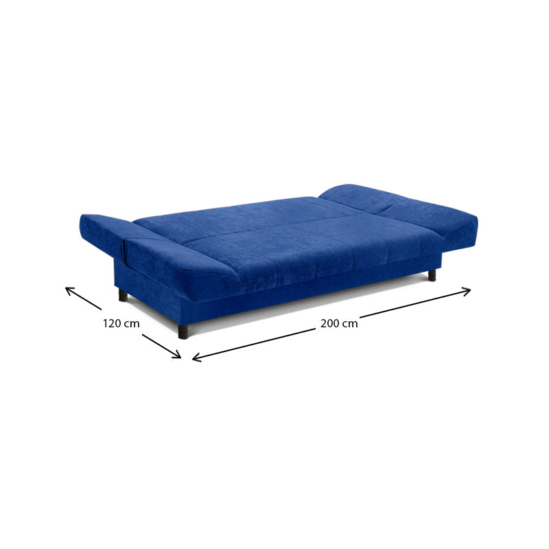 AMORE 3 Seater Sofa Bed in blue, featuring a modern design with storage space and microfiber fabric.