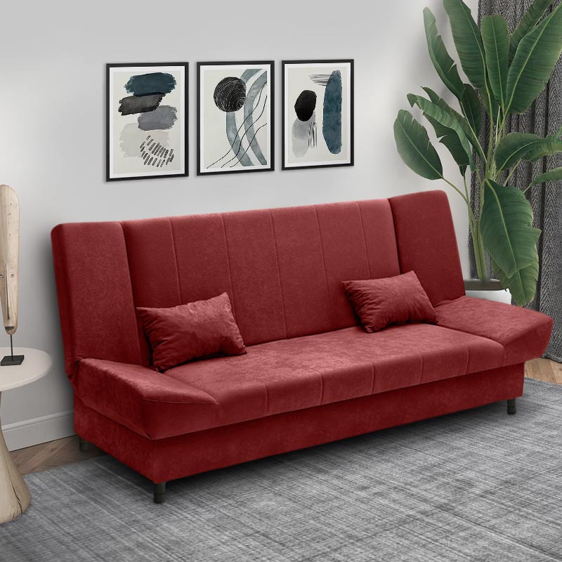 AMORE 3 Seater Sofa Bed in burgundy, showcasing its elegant design and spacious seating.