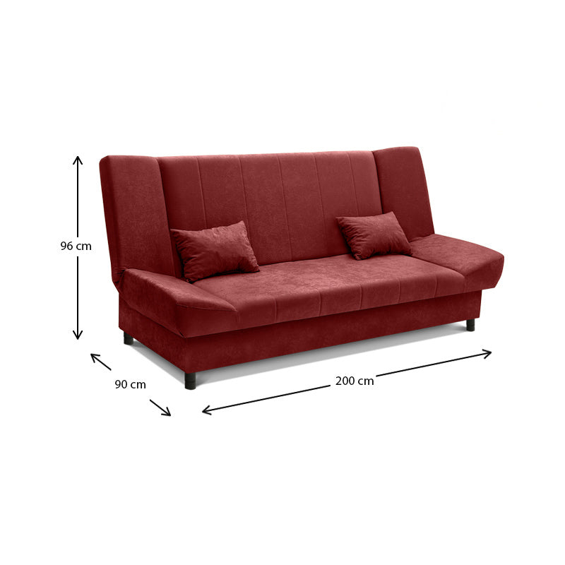 AMORE 3 Seater Sofa Bed in burgundy, showcasing its elegant design and spacious seating.