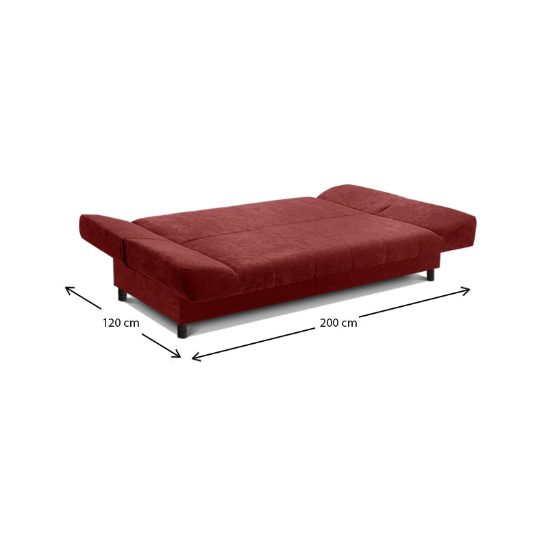 AMORE 3 Seater Sofa Bed in burgundy, showcasing its elegant design and spacious seating.