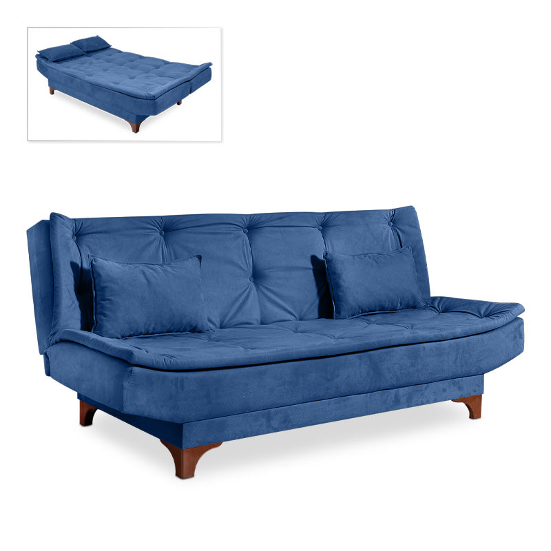 Sofa-Bed ANITA in dark blue fabric, showcasing its three-seater design and minimalistic style.