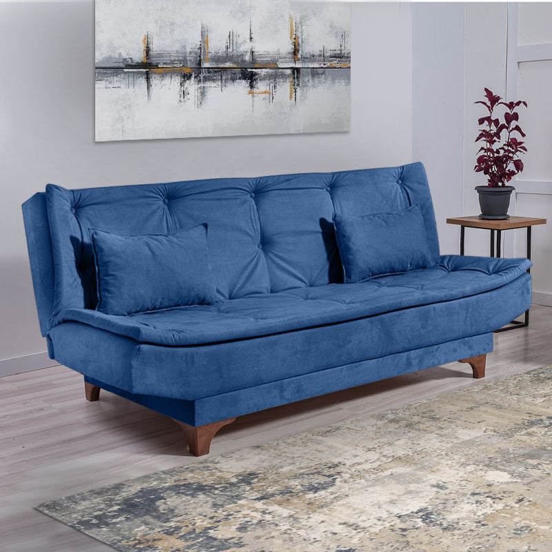 Sofa-Bed ANITA in dark blue fabric, showcasing its three-seater design and minimalistic style.