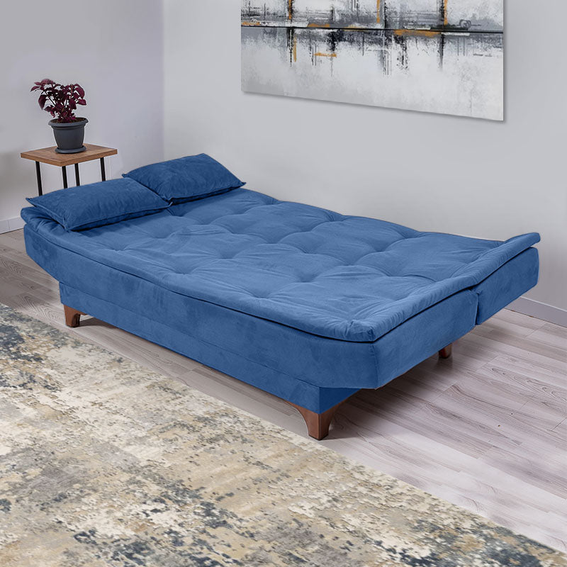 Sofa-Bed ANITA in dark blue fabric, showcasing its three-seater design and minimalistic style.