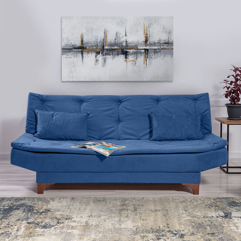 Sofa-Bed ANITA in dark blue fabric, showcasing its three-seater design and minimalistic style.