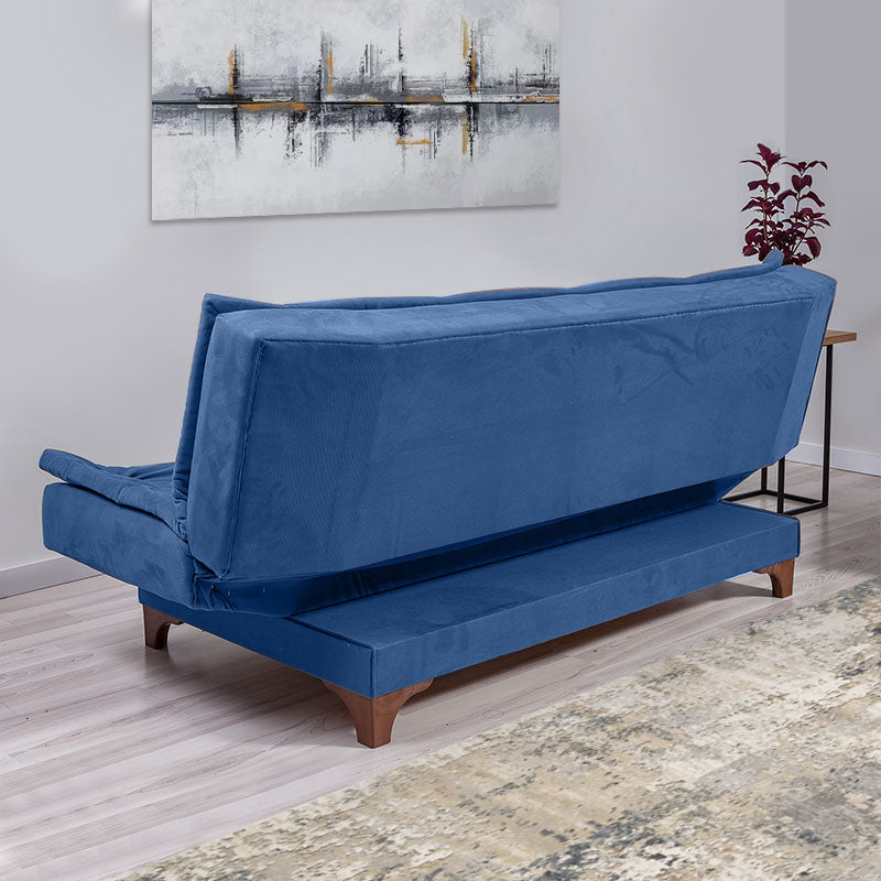 Sofa-Bed ANITA in dark blue fabric, showcasing its three-seater design and minimalistic style.