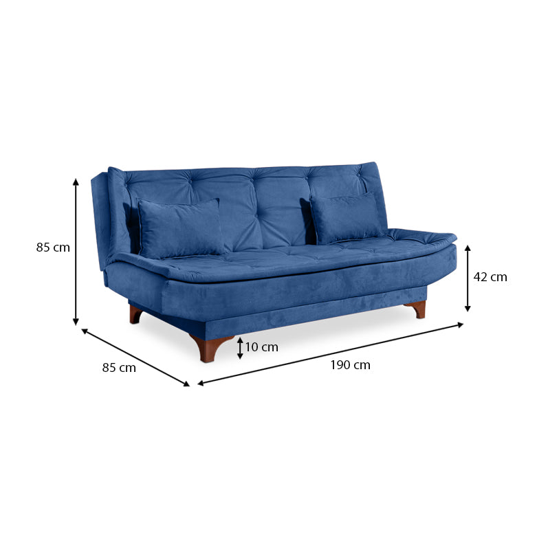 Sofa-Bed ANITA in dark blue fabric, showcasing its three-seater design and minimalistic style.