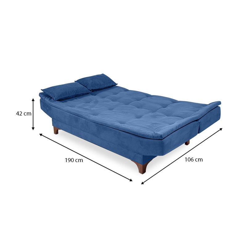 Sofa-Bed ANITA in dark blue fabric, showcasing its three-seater design and minimalistic style.