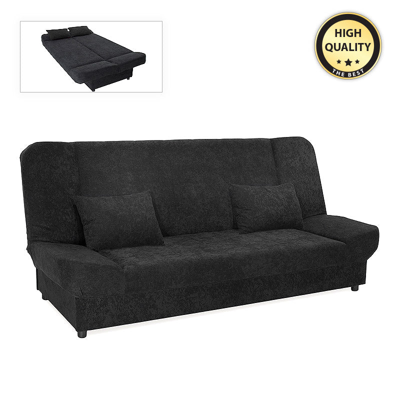 LANA 3 Seater Sofa/Bed in black, showcasing its sleek design and storage features.