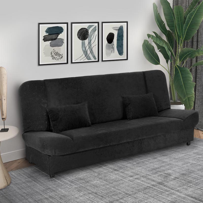 LANA 3 Seater Sofa/Bed in black, showcasing its sleek design and storage features.