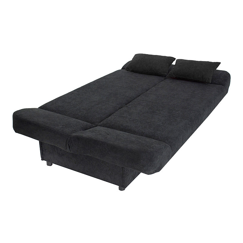 LANA 3 Seater Sofa/Bed in black, showcasing its sleek design and storage features.