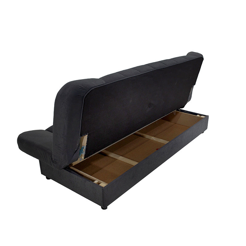 LANA 3 Seater Sofa/Bed in black, showcasing its sleek design and storage features.