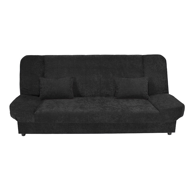 LANA 3 Seater Sofa/Bed in black, showcasing its sleek design and storage features.