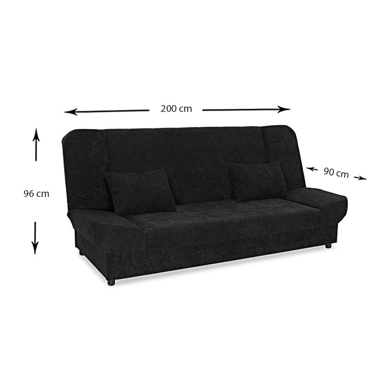 LANA 3 Seater Sofa/Bed in black, showcasing its sleek design and storage features.