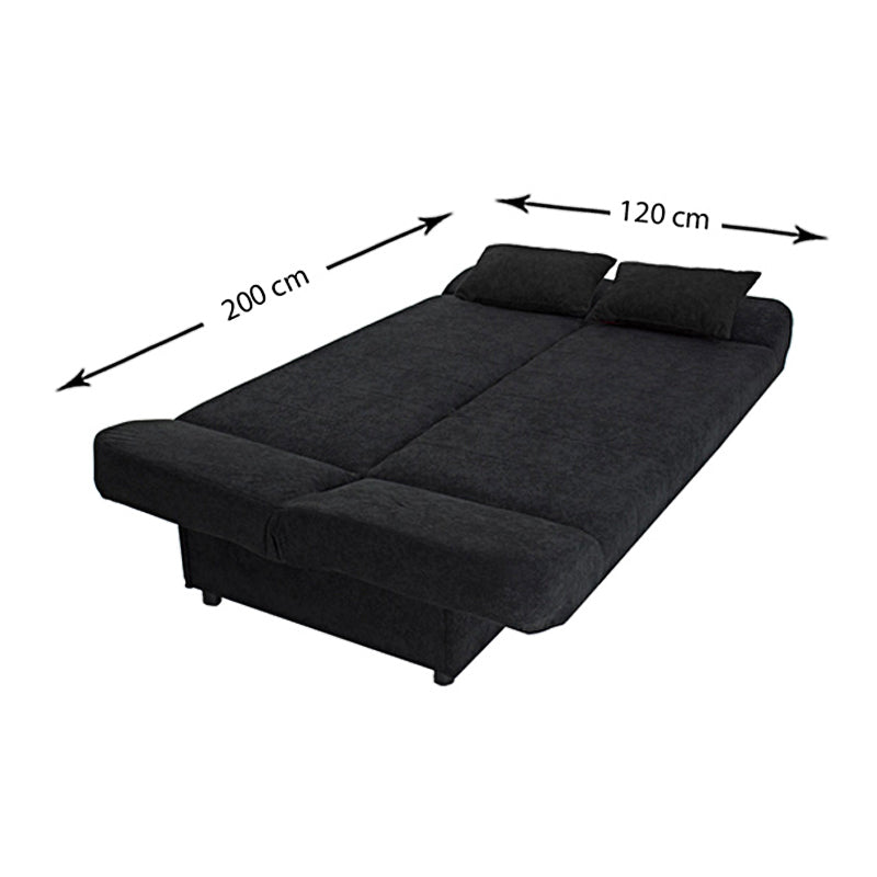 LANA 3 Seater Sofa/Bed in black, showcasing its sleek design and storage features.