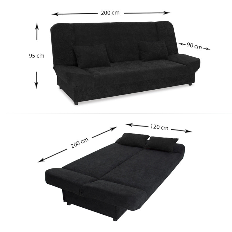 LANA 3 Seater Sofa/Bed in black, showcasing its sleek design and storage features.