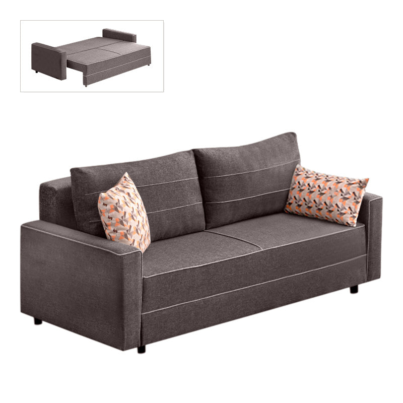 LANA three-seater sofa bed in brown fabric, showcasing its elegant design and spacious seating.